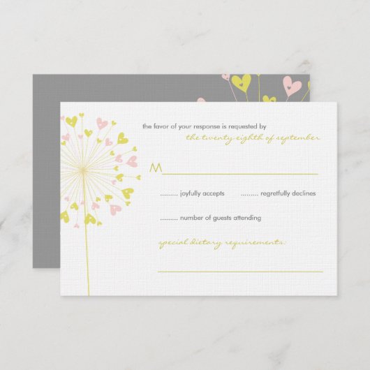 Gele roze dandelions Love Wedding RSVP Kaart (Voorkant / Achterkant)
