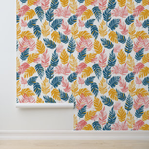 Gele roze en blauwe zomer tropische palmbladeren behang