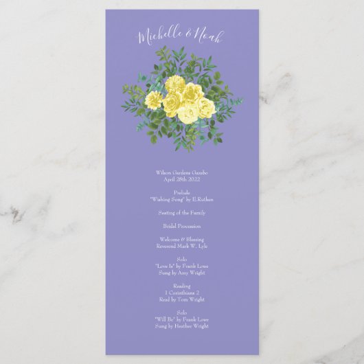 Gele roze en Paarse periwinkle bruiloft Menu (Voorkant)