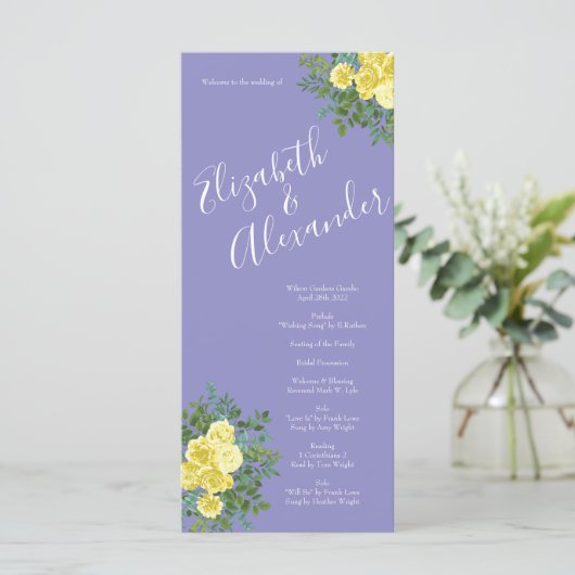 Gele roze en Paarse periwinkle bruiloft Menu (Staand voorkant)