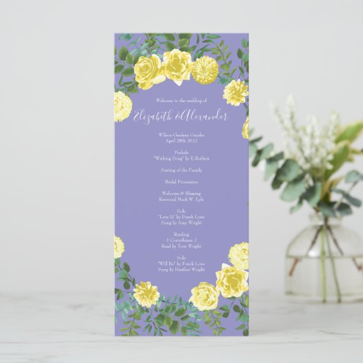 Gele roze en Paarse periwinkle bruiloft Menu (Staand voorkant)
