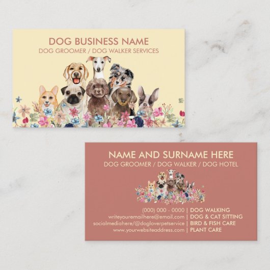 Gele roze Floral Botanic Dog Walker Visitekaartje (Voorkant / Achterkant)