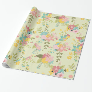 Gele roze groene bloemen cadeaupapier