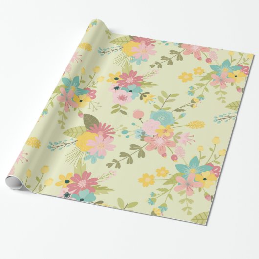 Gele roze groene bloemen cadeaupapier (Uitgerold)