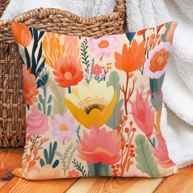 Gele Roze Koraal Crème Bloemmotief  Kussen (Yellow Pink Coral Cream Floral Throw Pillow)