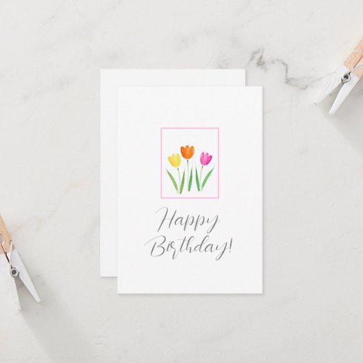 Gele roze Oranje Waterverf Tulp Stems Kaart (Voorkant / Achterkant in situ)