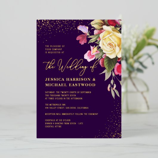  Gele Roze Paarse gouden bruiloft Folie Uitnodiging (Staand Voorkant)