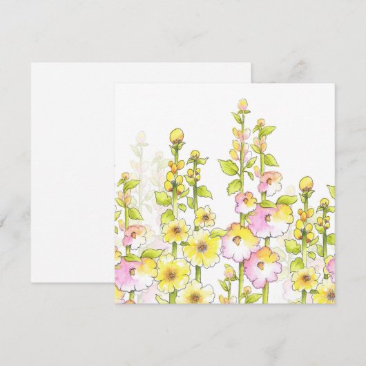 Gele roze pen en Waterverf Gebied van Hollyhocks Notitiekaartje (Voorkant / Achterkant)