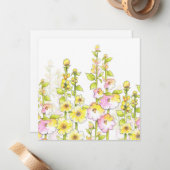 Gele roze pen en Waterverf Gebied van Hollyhocks Notitiekaartje (Voorkant / Achterkant in situ)