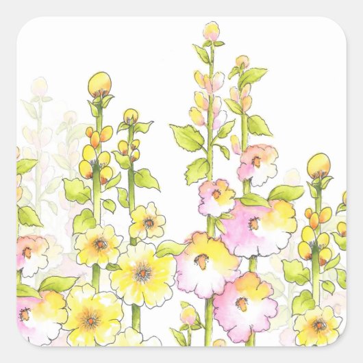 Gele roze pen en Waterverf Gebied van Hollyhocks Vierkante Sticker (Voorkant)