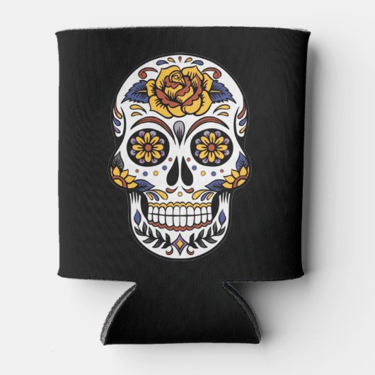 Gele roze Suikerhuid op zwart Blikjeskoeler (Voorkant)