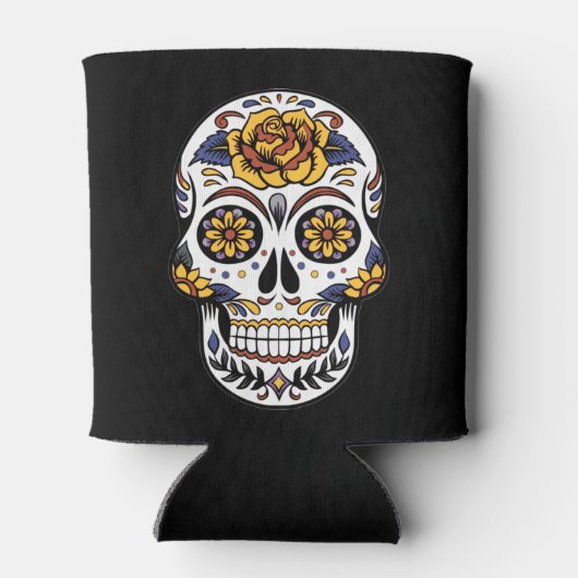 Gele roze Suikerhuid op zwart Blikjeskoeler (Achterkant)