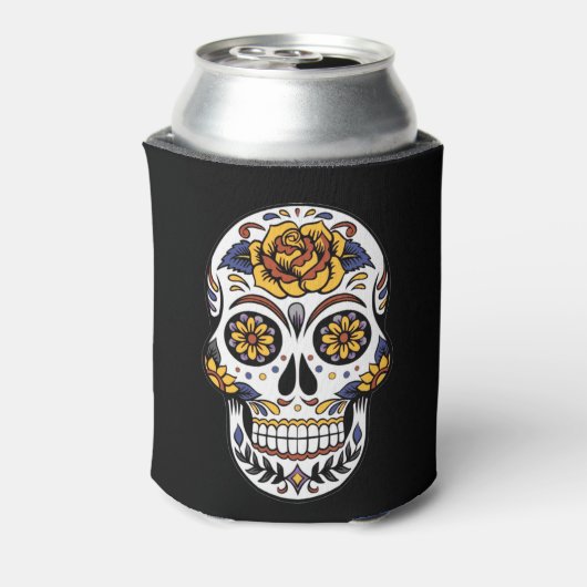 Gele roze Suikerhuid op zwart Blikjeskoeler (Blikje Achterkant)