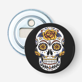 Gele roze Suikerhuid op zwart Button Flesopener