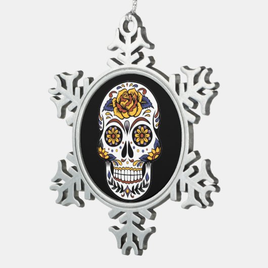 Gele roze Suikerhuid op zwart Tin Sneeuwvlok Ornament (Rechts)