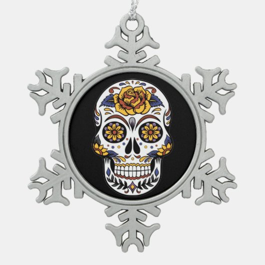 Gele roze Suikerhuid op zwart Tin Sneeuwvlok Ornament (Voorkant)