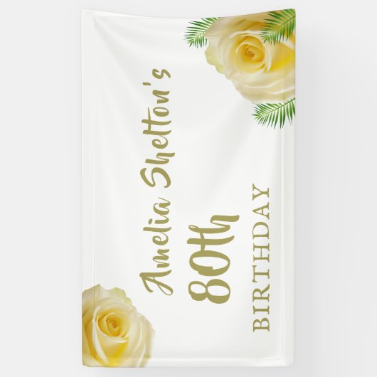 Gele Rozen Bloemen 80ste Verjaardagsfeestje Achter Spandoek (Verticaal)