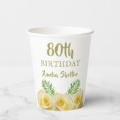 Gele Rozen Bloemen 80ste Verjaardagsfeestje Papieren Bekers (Achterkant)