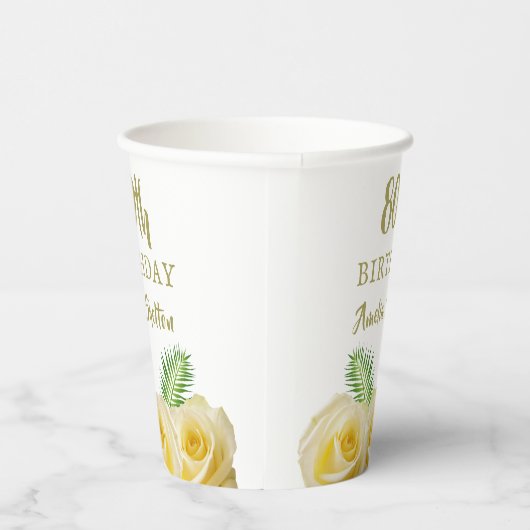 Gele Rozen Bloemen 80ste Verjaardagsfeestje Papieren Bekers (Rechts)