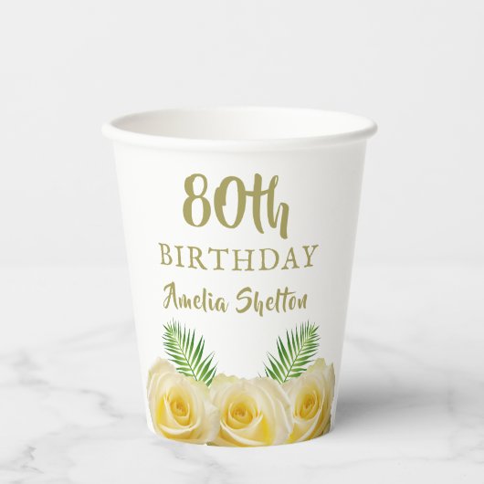 Gele Rozen Bloemen 80ste Verjaardagsfeestje Papieren Bekers (Voorkant)