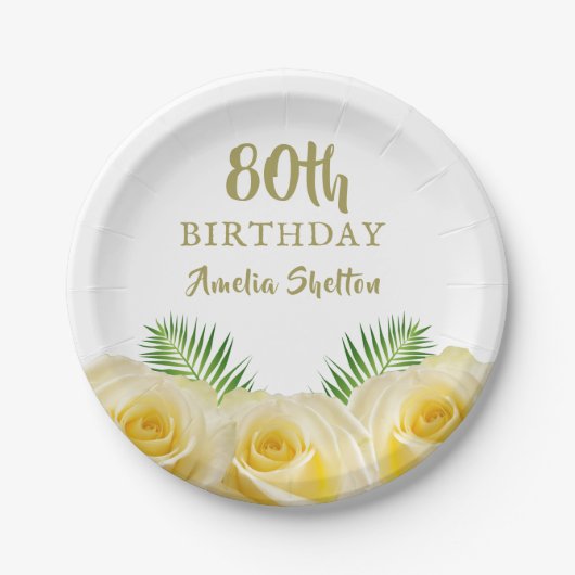 Gele Rozen Bloemen 80ste Verjaardagsfeestje Papieren Bordje (Voorkant)