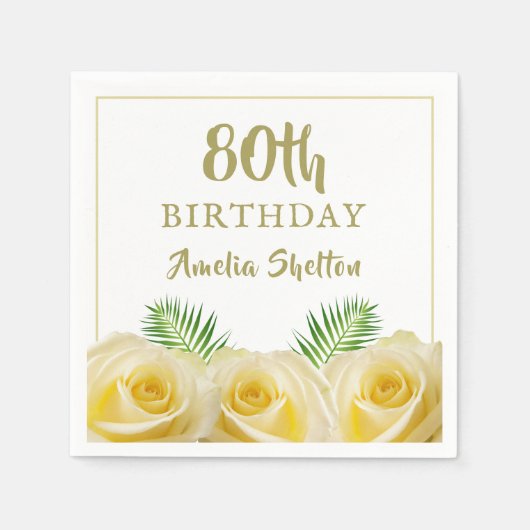 Gele Rozen Bloemen 80ste Verjaardagsfeestje Servet (Voorkant)