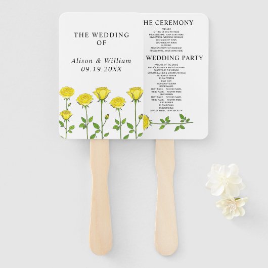 Gele rozen bloemen bloemenlente bruiloft programma handwaaier (Voorkant en achterkant)