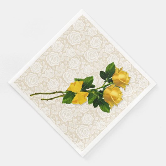 Gele Rozen Boog Witte Lace Ivoor Papier Servetten (Hoek)