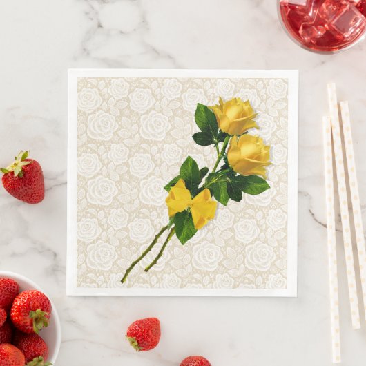 Gele Rozen Boog Witte Lace Ivoor Papier Servetten (Insitu)