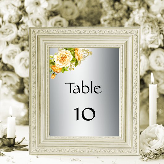 Gele rozen Elegant Silver Wedding Table Number Kaart