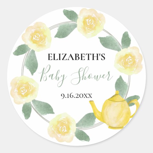 Gele rozen en Baby shower van theepot Ronde Sticker (Voorkant)