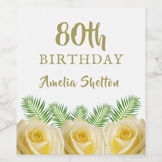 Gele Rozen en bladeren Bloemen 80ste Verjaardagsfe Wijn Etiket (Enkel label)