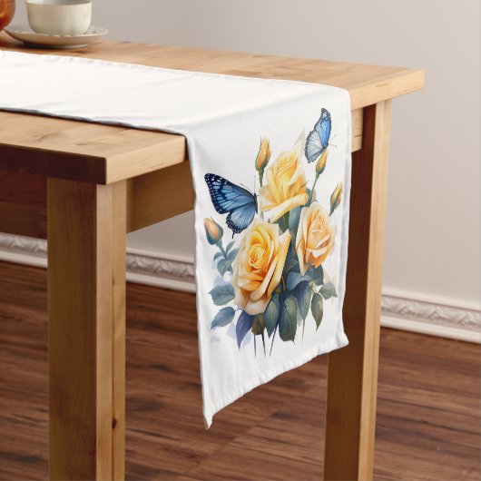  GELE ROZEN EN BLAUWE VLINDERS LANGE TAFELLOPER (Voorbeeld)
