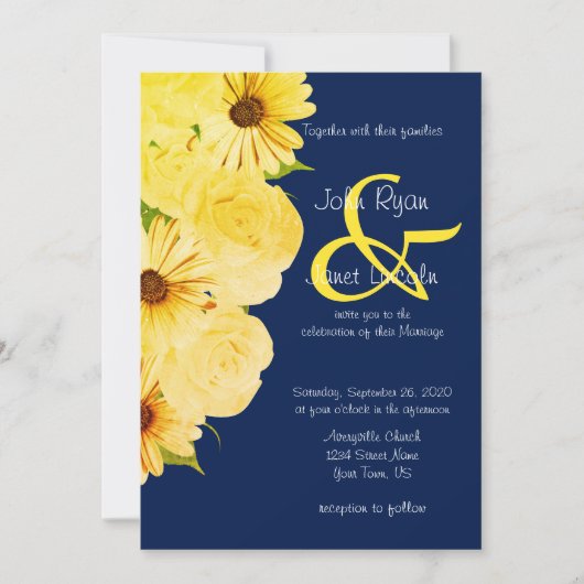 Gele rozen en dagen op donkerblauw kaart (Voorkant)