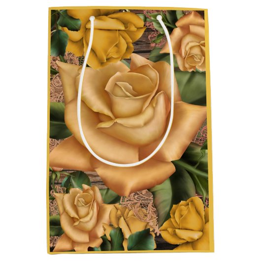 Gele rozen en landstaal Roesthout in soedan Medium Cadeauzakje (Voorkant)