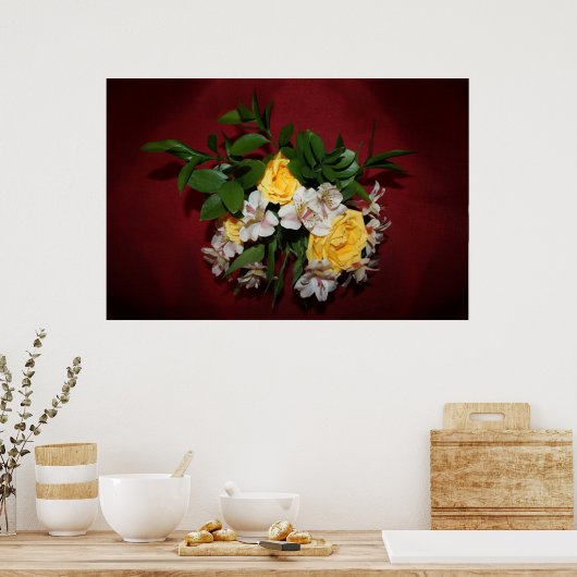 Gele rozen en Lilacs op rood Poster (Keuken)