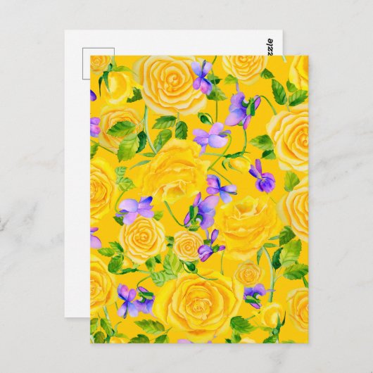 Gele rozen en viooltjes bloemmotief   briefkaart (Voorkant / Achterkant)