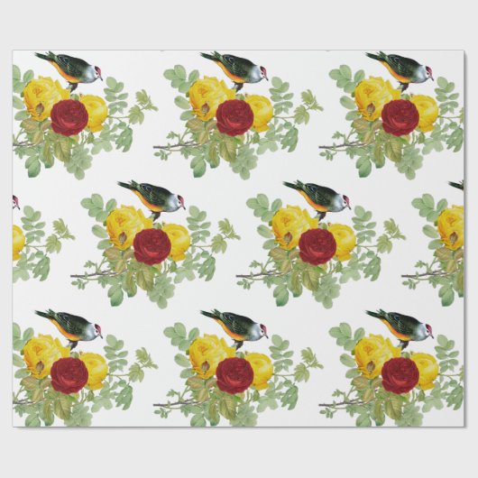 Gele rozen en vogels inpakpapier (Vlak)