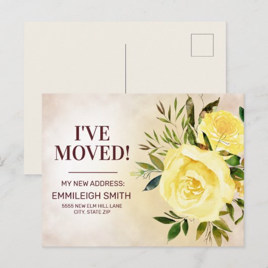 Gele rozen Floral Foliage Change Address Aankondigingskaart (Voorkant / Achterkant)