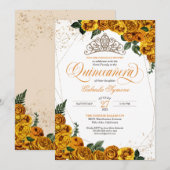 Gele rozen & Gold Tiara Elegant Quinceañera Kaart (Voorkant / Achterkant)