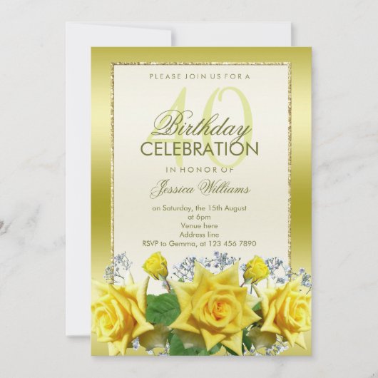 Gele Rozen & Gouden Glitters 40ste verjaardag Kaart (Voorkant)