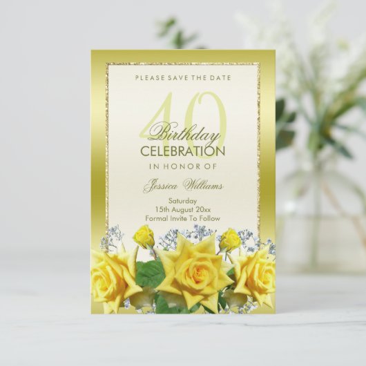 Gele Rozen & Gouden Glitters 40ste verjaardag Save The Date (Staand voorkant)