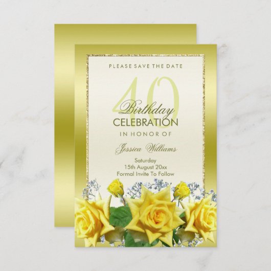 Gele Rozen & Gouden Glitters 40ste verjaardag Save The Date (Voorkant / Achterkant)