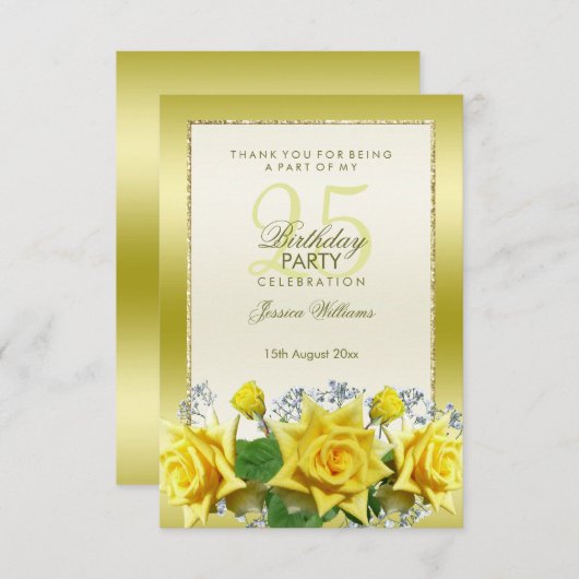 Gele rozen & goudglitters 25e verjaardag bedankkaart (Voorkant / Achterkant)