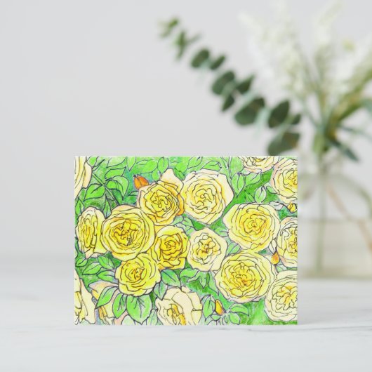 Gele rozen, groene bladeren Roos tuinkunst Briefkaart (Staand voorkant)