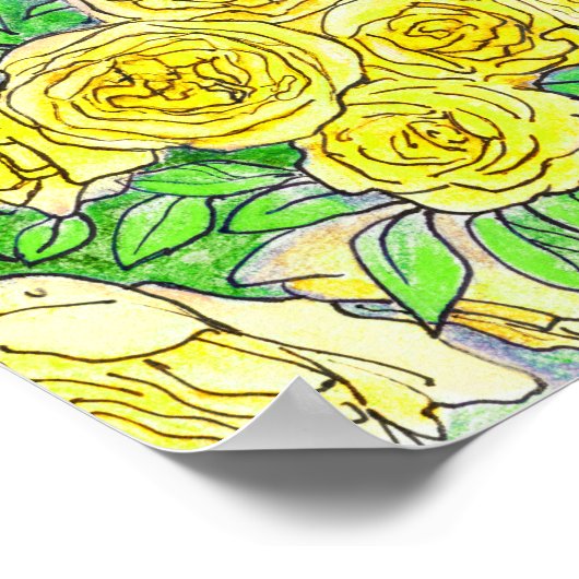 Gele rozen, groene bladeren Roos tuinkunst Poster (Hoek)