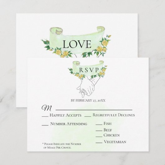 *~* Gele Rozen Hand in Hand Trouw RSVP (Voorkant / Achterkant)