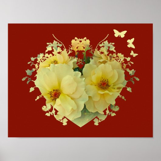 Gele Rozen Hart op Rode Poster (Voorkant)