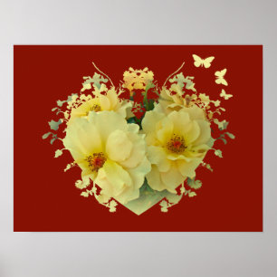 Gele rozen Hartslag op rood Poster