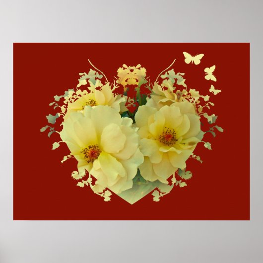 Gele rozen Hartslag op rood Poster (Voorkant)